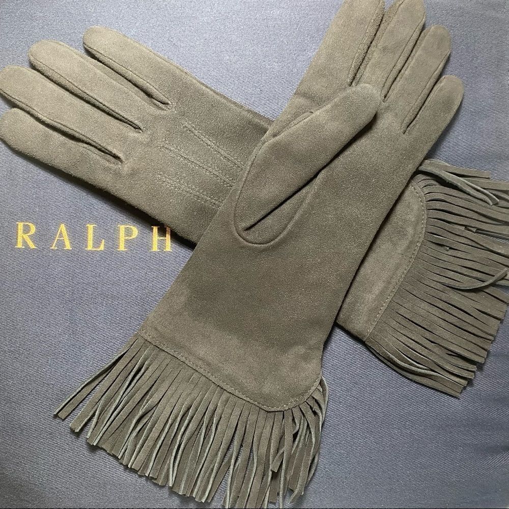 *Ralph Lauren Collection Black Cashmere Lined Lamb Suede Fringe Trimmed Gloves - Picture 11 of 16
